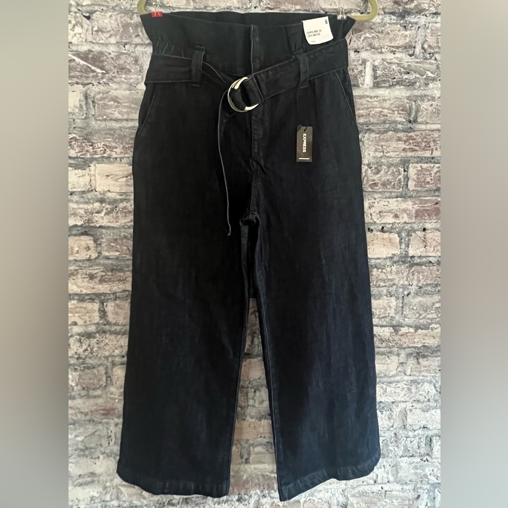 Express Cropped Wide Leg Super High-Waist Removable Belted Dark Blue Jeans NWT